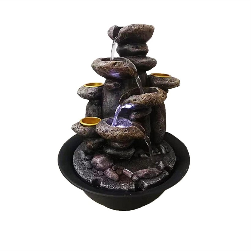 BNNP Indoor Tabletop Fountains Multifunction Indoor Water Fountain and Candle Holders with LED Lights Three Tier Soothing Cascading Tabletop Fountains with Rocks Decoration Meditation Fountain