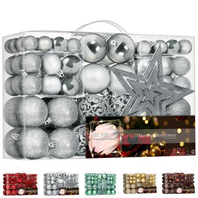 101 Piece Christmas Balls Ornaments Luxury Set Xmas Tree Topper and Hang Rope, Emopeak Christmas Baubles - Shatterproof Mini Holiday Balls for Christmas Decorations, Silver