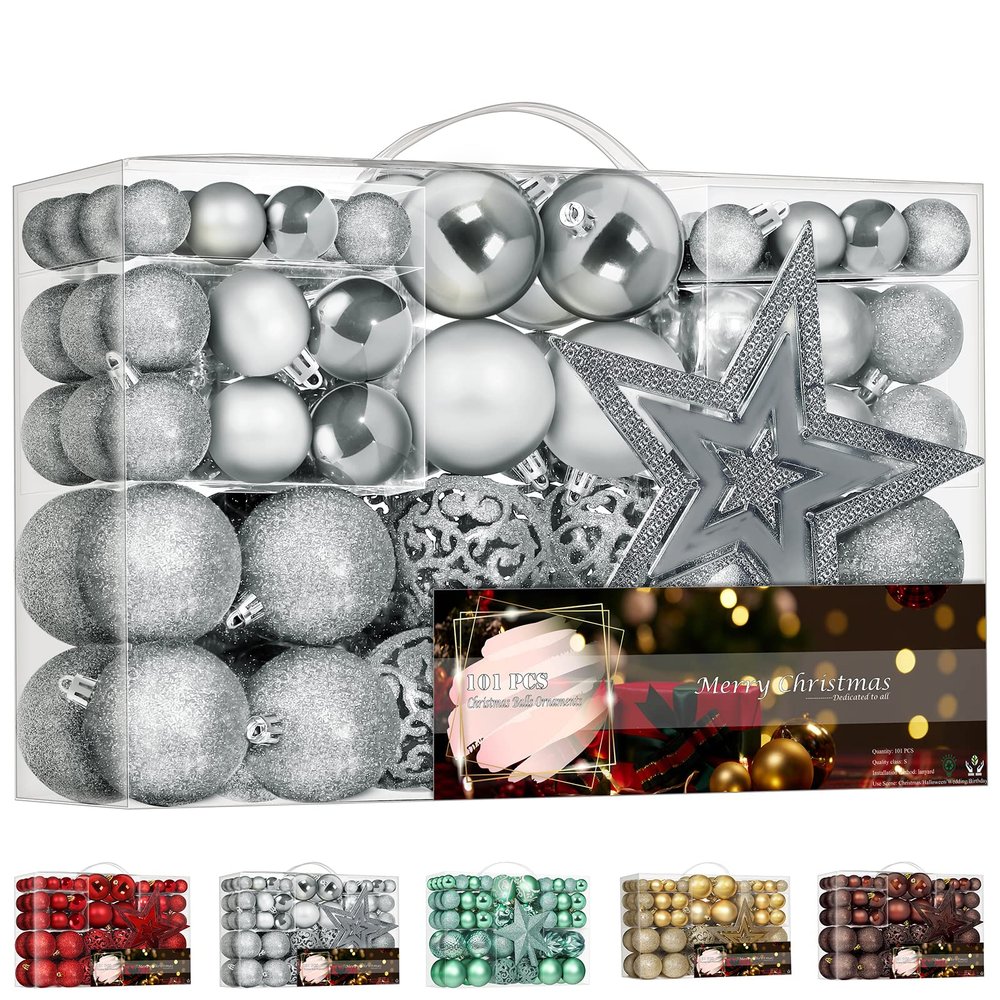 101 Piece Christmas Balls Ornaments Luxury Set Xmas Tree Topper and Hang Rope, Emopeak Christmas Baubles - Shatterproof Mini Holiday Balls for Christmas Decorations, Silver
