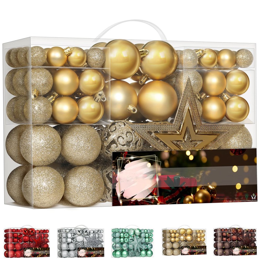 101 Piece Christmas Balls Ornaments Luxury Set Xmas Tree Topper and Hang Rope, Emopeak Christmas Baubles - Shatterproof Mini Holiday Balls for Christmas Decorations, Gold
