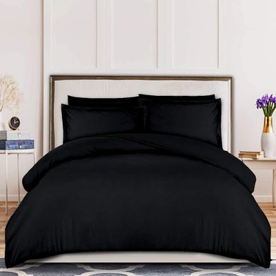 100% Organic Cotton 5Pc Duvet Cover Set Zipper Closure 400 Thread Count (Oversized King 120" x 98" Inch - Black Solid)