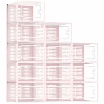 Kuject Shoe Organizers Storage Boxes for Closet, 12 Pack Clear Plastic Stackable Storage Bins with Lids, Under Bed Shoe Containers for Entryway, Drop Front, Fit up to Women's Size 10,Pink