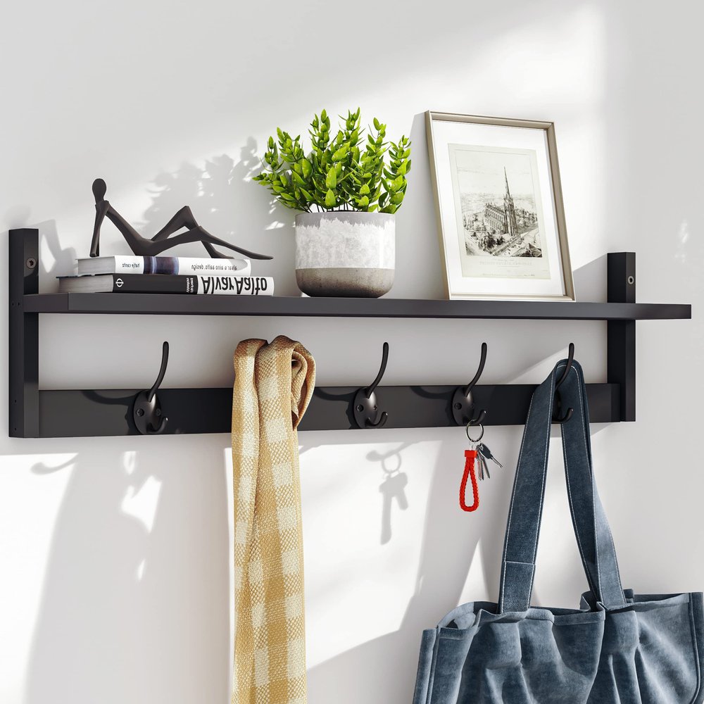 BAMEOS Wall-Mounted Shelf with Hooks - 28.9 Inch Entryway Hanging Shelf with 5 Dual Hooks for Bathroom, Living Room, Bedroom (Black)