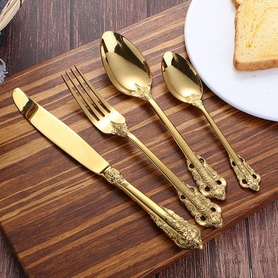 Gold Silverware Set 18/10 Stainless Steel Flatware Sets Palace Style 16 Piece Cutlery Set for 4 Kitchen Wedding Tableware Utensil Include Knife Spoon Fork Dessert Spoon Nice Weight Mirror Polished