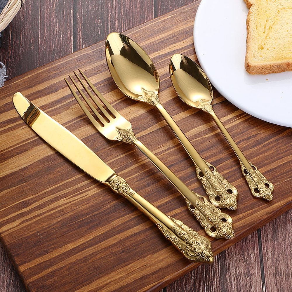 Gold Silverware Set 18/10 Stainless Steel Flatware Sets Palace Style 16 Piece Cutlery Set for 4 Kitchen Wedding Tableware Utensil Include Knife Spoon Fork Dessert Spoon Nice Weight Mirror Polished