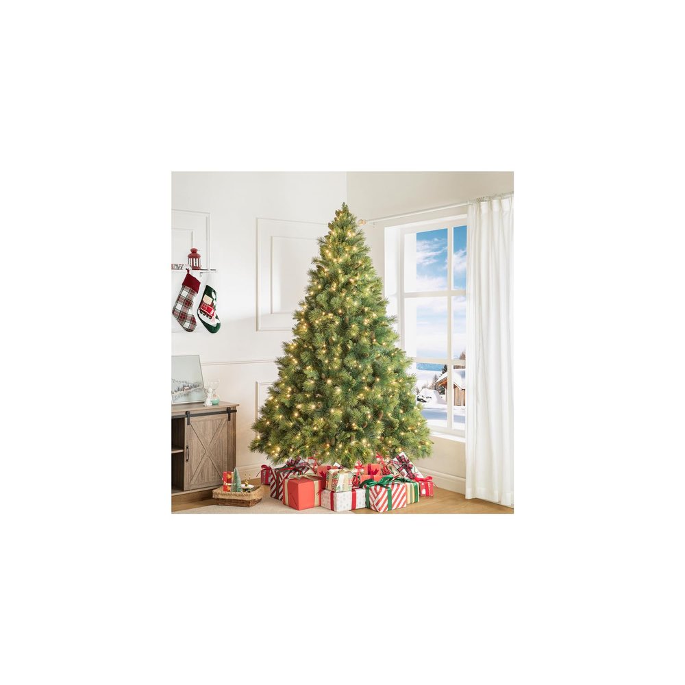 Naomi Home Vail 7.5ft Prelit Artificial Christmas Tree with Pine Cones, Foot Pedal, 1556 Branch Tips, 750 Warm Lights and Metal Stand, 61" Wide Realistic Traditional Christmas Tree with Lights