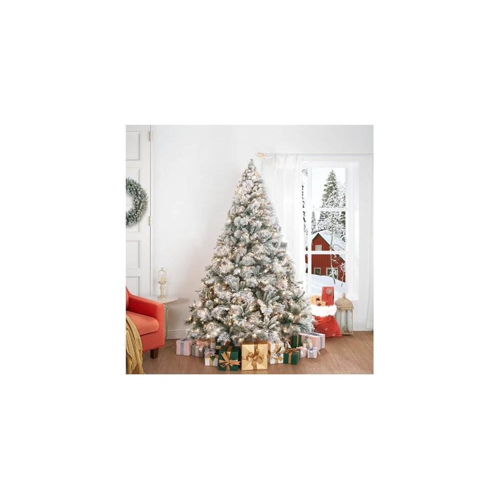 Glasgow 6.5ft Frosted Prelit Artificial Christmas Tree with Pine Cones, Foot Pedal, 1040 Branch Tips, 650 Warm Lights & Metal Stand, 56" Wide Realistic Snow Flocked Pine Christmas Tree with Lights