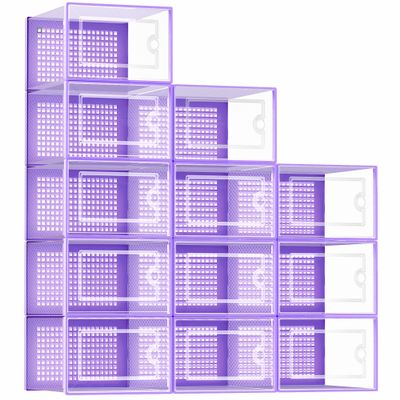 Kuject Shoe Organizers Storage Boxes for Closet, 12 Pack Clear Plastic Stackable Storage Bins with Lids, Under Bed Shoe Containers for Entryway, Drop Front, Fit up to Women's Size 10,Purple