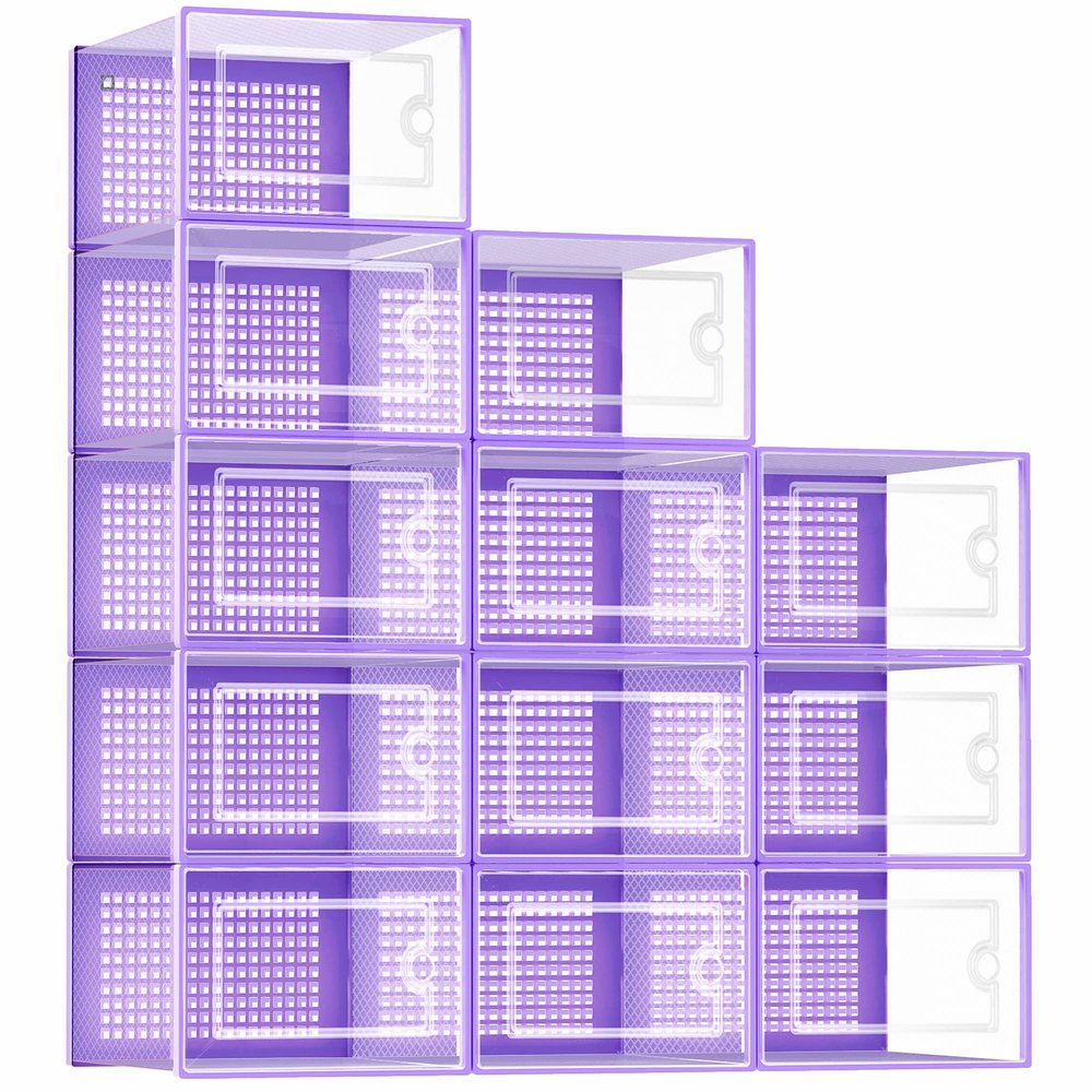Kuject Shoe Organizers Storage Boxes for Closet, 12 Pack Clear Plastic Stackable Storage Bins with Lids, Under Bed Shoe Containers for Entryway, Drop Front, Fit up to Women's Size 10,Purple