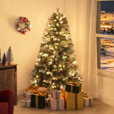 Naomi Home 4.5ft Vancouver Pre-Lit Artificial Christmas Tree with Pine Cones, Faux Berries, Foot Pedal, 398 Branch Tips, 200 Warm Lights and Metal Stand, 33" wide