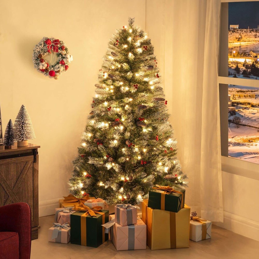 Naomi Home 4.5ft Vancouver Pre-Lit Artificial Christmas Tree with Pine Cones, Faux Berries, Foot Pedal, 398 Branch Tips, 200 Warm Lights and Metal Stand, 33" wide