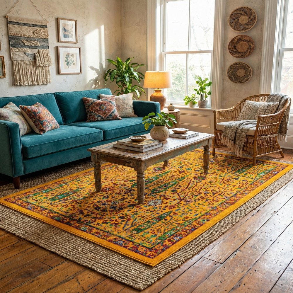Rugs.com - Calypso Rug 4' x 6' Yellow Easy-Clean Rug Modern Floral Design for Living Rooms, Kitchens, and Entryways