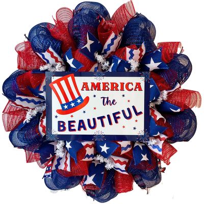America The Beautiful Patriotic Handmade Deco Mesh Wreath with Uncle Sam Hat Available in 24 inch and 28 inch diameters Luxury Wreath