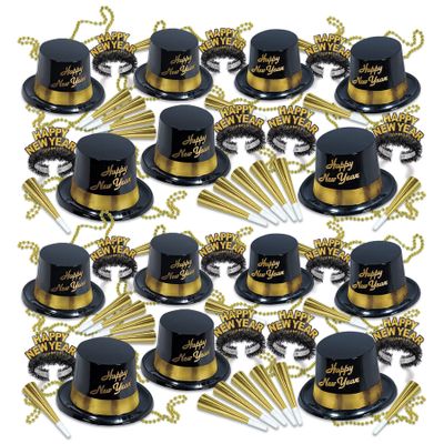 Beistle Black & Gold Legacy Happy New Year's Eve Party Supplies Assortment For 50 People - NYE Photo Booth Props - Hats, Tiaras, Horns, Necklaces