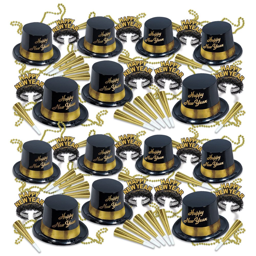 Beistle Black & Gold Legacy Happy New Year's Eve Party Supplies Assortment For 50 People - NYE Photo Booth Props - Hats, Tiaras, Horns, Necklaces