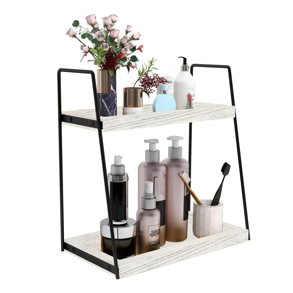 Dorhors 2 Tier Bathroom Counter Organizer Storage,Vanity Organizer for Bathroom Counter,Wood Standing Rack for Kitchen(Rustic White)