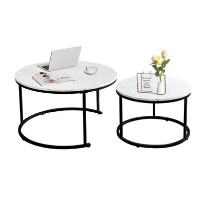 AT-VALY Nesting Table Set of 2,Round Coffee Table,End Side Table with Sturdy Metal Frame for Living Room 31.5" (Black&White)