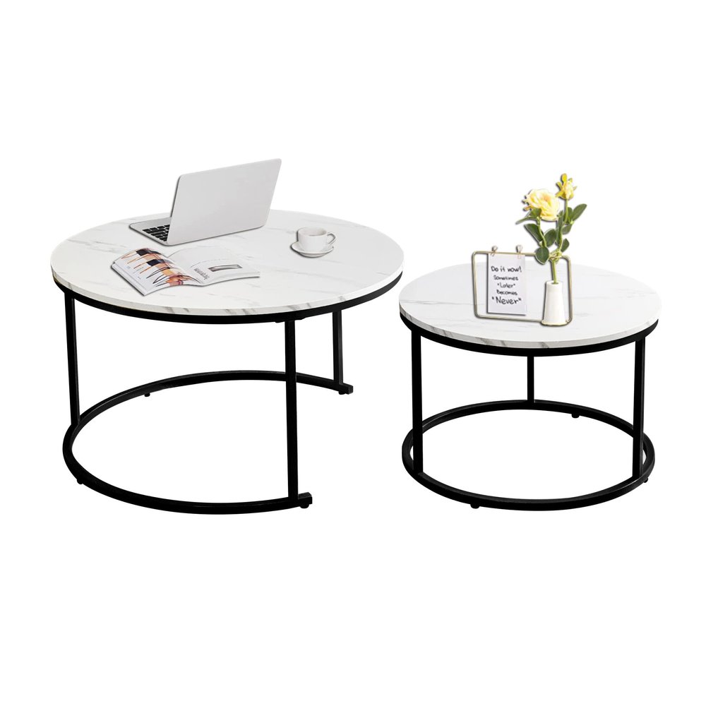 AT-VALY Nesting Table Set of 2,Round Coffee Table,End Side Table with Sturdy Metal Frame for Living Room 31.5" (Black&White)