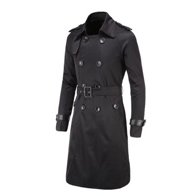 Maiyifu-GJ Men's Double Breasted Trench Coat Stylish Slim Fit Mid Long Belted Windbreaker Lapel Military Jacket with Belt (Black,XX-Large)