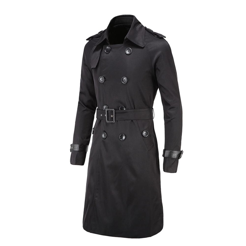 Maiyifu-GJ Men's Double Breasted Trench Coat Stylish Slim Fit Mid Long Belted Windbreaker Lapel Military Jacket with Belt (Black,XX-Large)