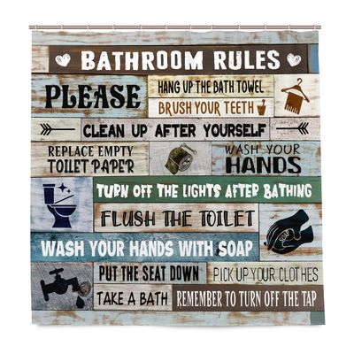 DZGlobal Farmhouse Bathroom Rules Shower Curtain 72x72 Inch Funny Quotes Bath Accessories Vintage Wood Barn Rustic Educational Artwork Cloth Fabric Bathroom Decor Set 12 Hooks