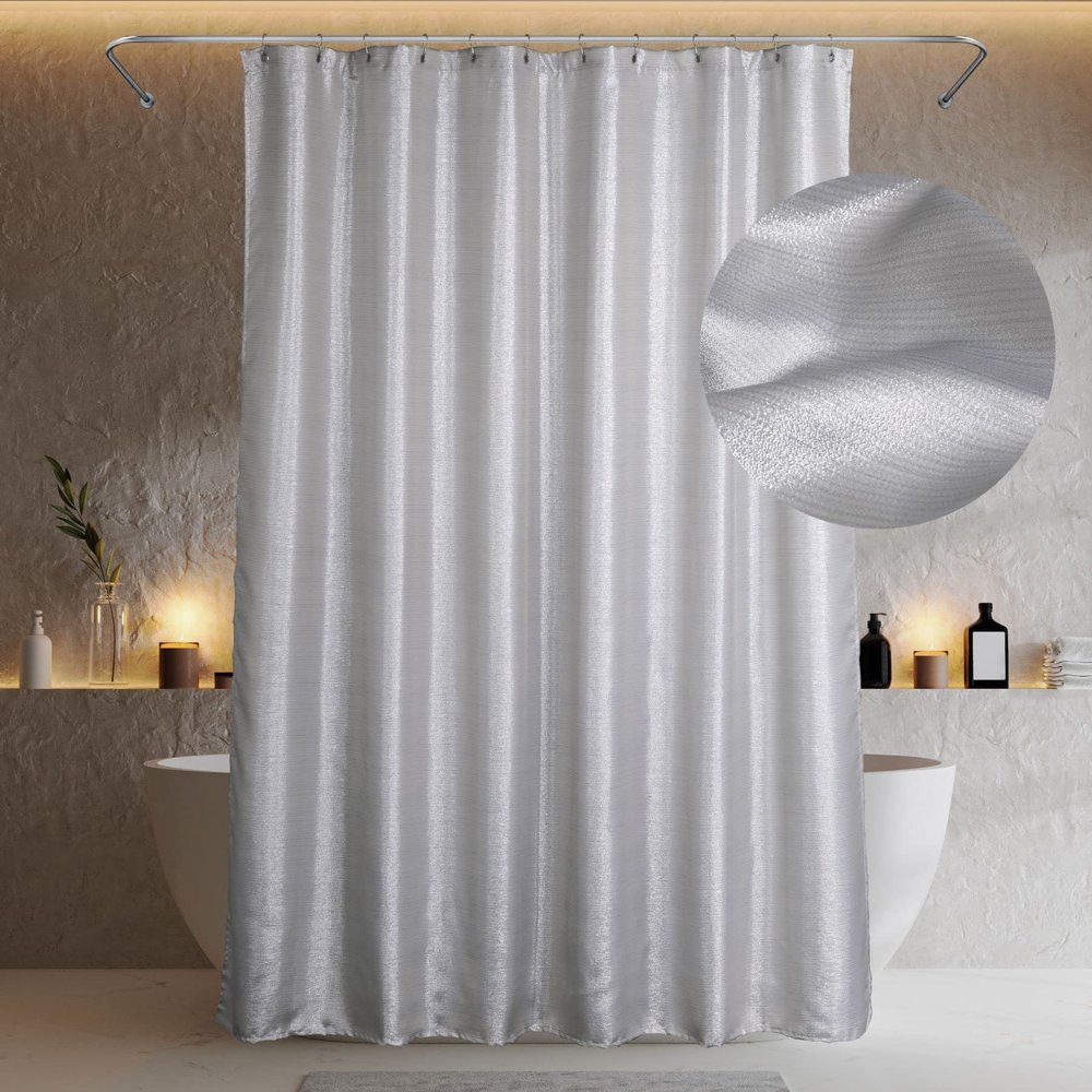 Popkozzi Silver Shower Curtains for Bathroom: 78 Inch Glitter Sparkle Bling Light Grey Fabric Shower Curtain - Waterproof Washable Luxury Elegant Fancy Glam Metallic Shimmer Bath Curtain - 72x78