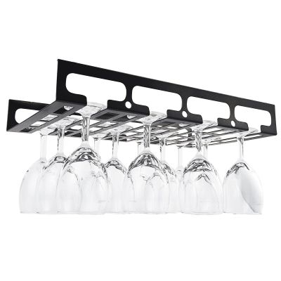 41cm/16in Modern Metal Wine Glass Holder - Under Cabinet Stemware Hanging Rack - Wine Glass Storage Organizer Rack, 4 Row (Color : Black)
