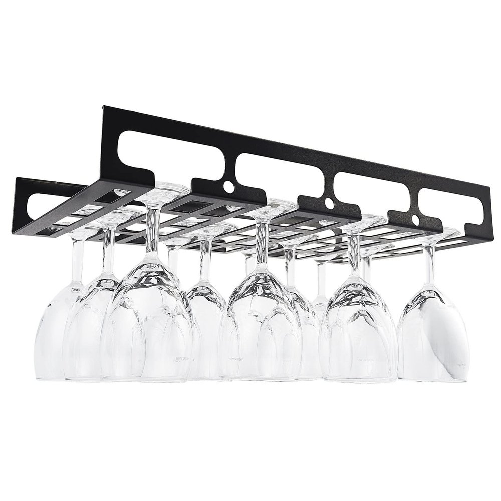 41cm/16in Modern Metal Wine Glass Holder - Under Cabinet Stemware Hanging Rack - Wine Glass Storage Organizer Rack, 4 Row (Color : Black)