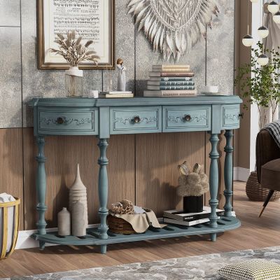 52'' Retro Sofa Table, Circular Curved Design Console Table Sofa Entryway Table with 4 Drawers and One Open Shelf Easy to Assemble, for Entryway, Front Hall, Hallway, Living Room, Coffee Bar, Kitchen