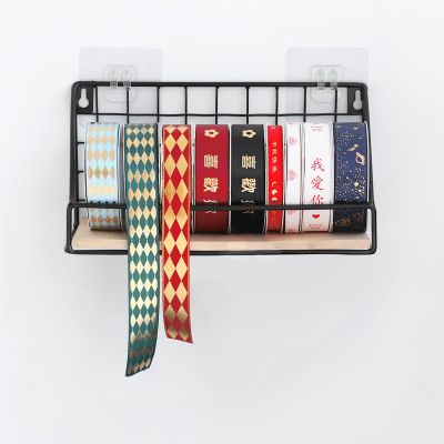 LSMKKA Wall Ribbon Organizer for Craft Room, Small Satin Ribbons Storage Rack Holder Metal Mesh Display Shelf with Wood Board, for Hold Wrapping Paper Rolls (Color : Black, Size : 25x10x13cm)