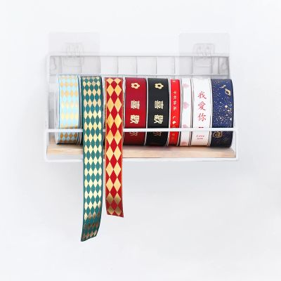 LSMKKA Wall Ribbon Organizer for Craft Room, Small Satin Ribbons Storage Rack Holder Metal Mesh Display Shelf with Wood Board, for Hold Wrapping Paper Rolls (Color : White, Size : 25x10x13cm)