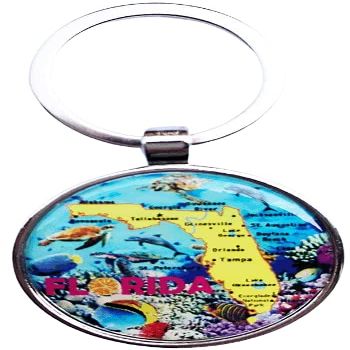 Florida Map under Ocean with Dolphins & Sea Creatures Picturesque Souvenir Round Metal Keychain - Florida Souvenirs