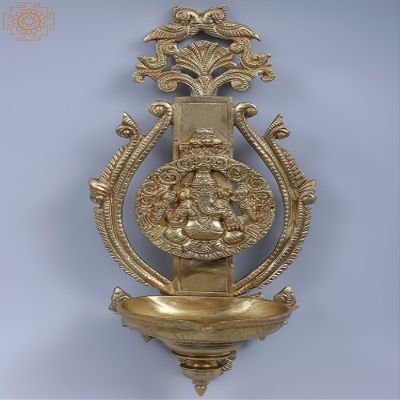 Exotic India 10" Bronze Designer Diya (Hoysala Art) - Bronze