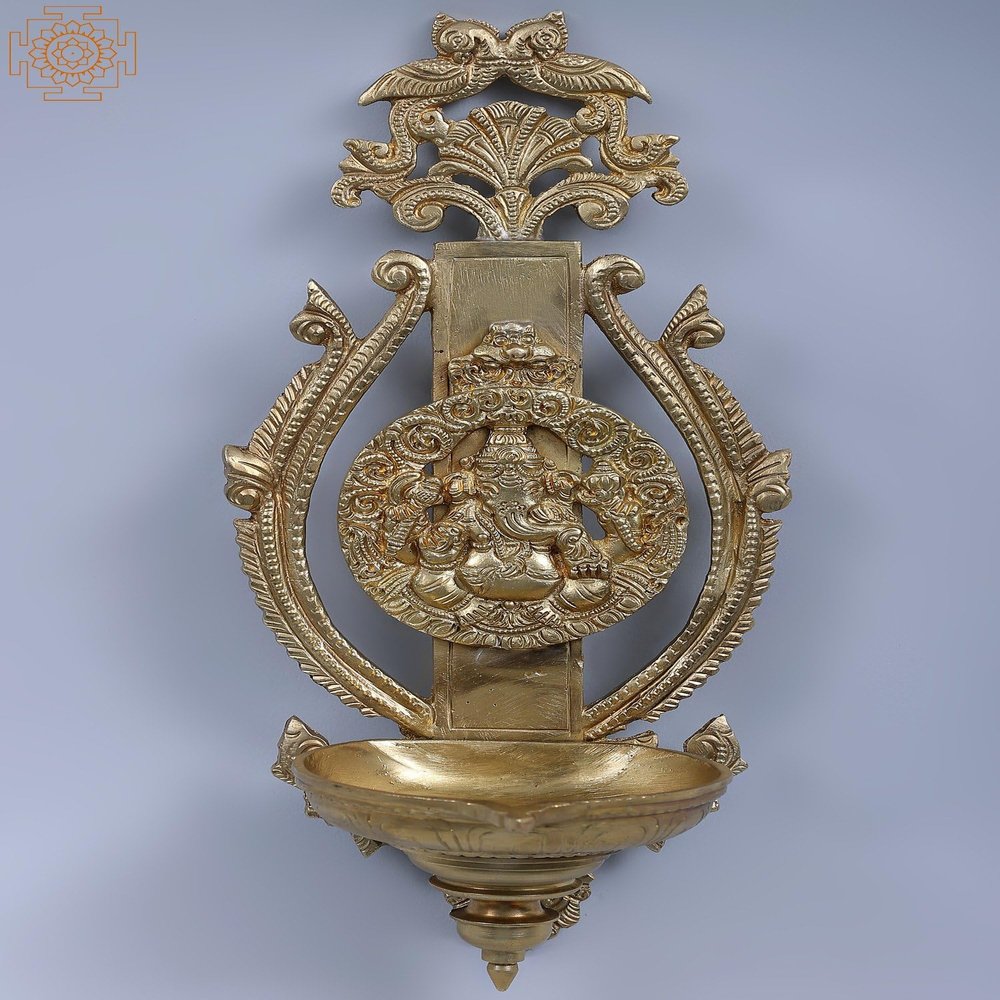 Exotic India 10" Bronze Designer Diya (Hoysala Art) - Bronze