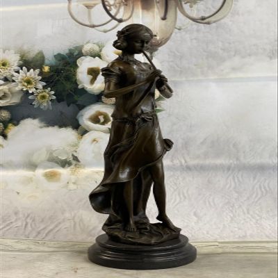 Bronze Signed Original French Jean Patoue Female Flute Player Sculpture Gift by Think Bronze Dcor