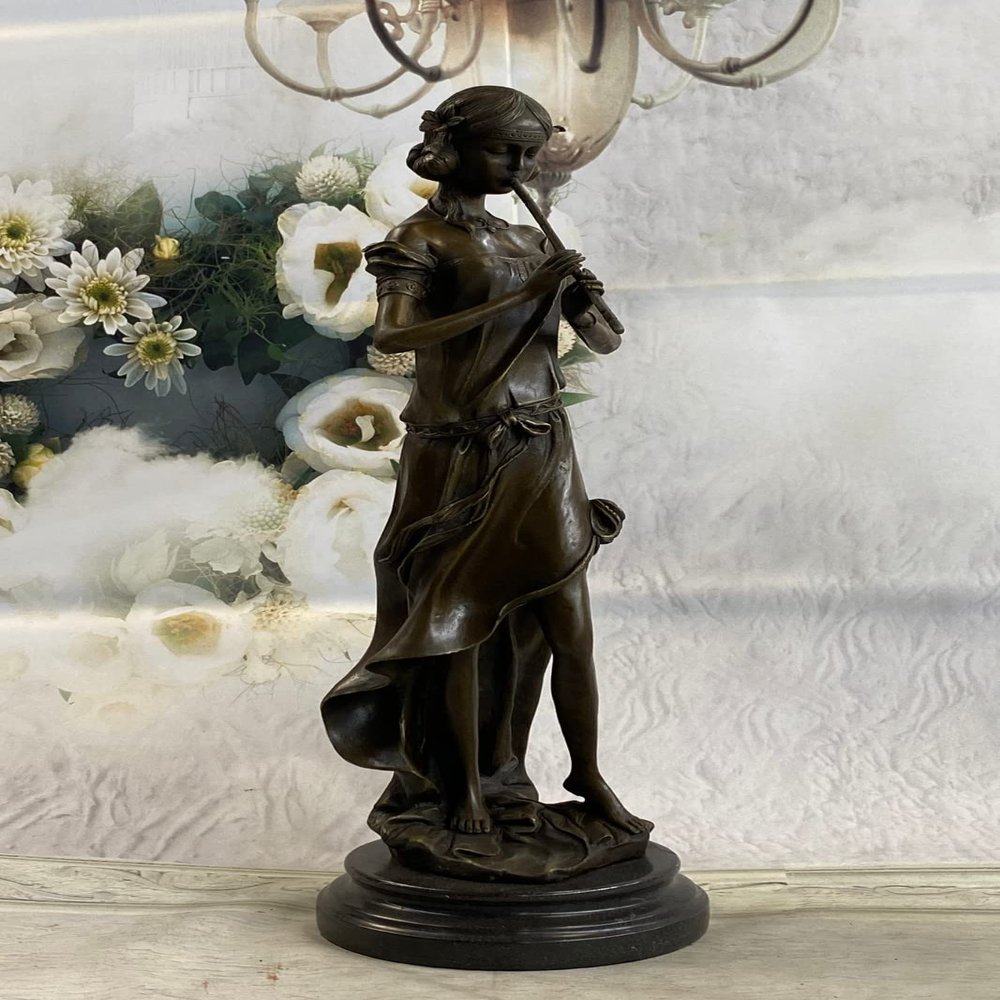 Bronze Signed Original French Jean Patoue Female Flute Player Sculpture Gift by Think Bronze Dcor
