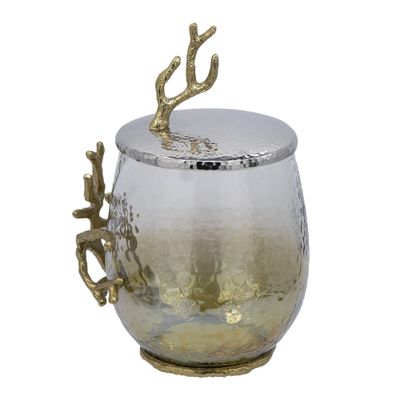 A&B Home Lidded Glass Jar with Gold Branch - Hammered Texture Glass and Aluminum Decorative Jar, Tabletop Home Decor Accessory, Living Room Entryway Coffee Table Side Table Accent Piece, 8" x 7" x 11"