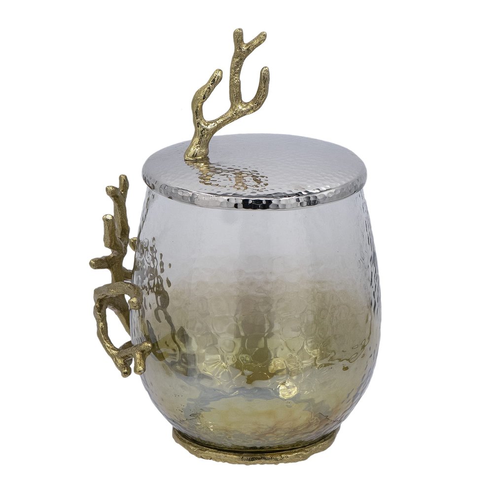 A&B Home Lidded Glass Jar with Gold Branch - Hammered Texture Glass and Aluminum Decorative Jar, Tabletop Home Decor Accessory, Living Room Entryway Coffee Table Side Table Accent Piece, 8" x 7" x 11"