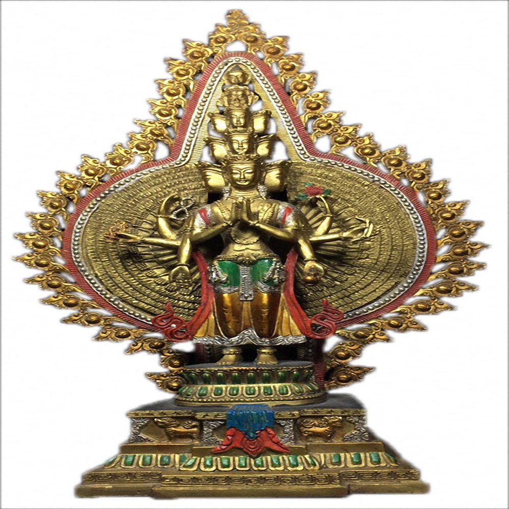 Brass &Famille Rose 1000 Arms Avalokiteshvara of Kwanyin Goddess Buddha Statue 8#