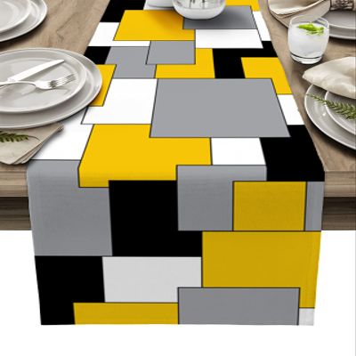 Farmhouse Table Runner Linen Burlap Table Runners 72 Inches Long, Modern Abstract Art Color Block Gray Black and Yellow Table Runner for Dresser, Party, Living Room, Dining Table Decor 14"x72"