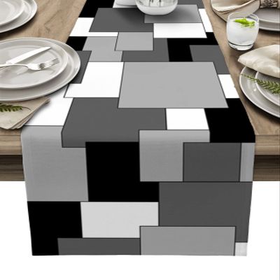 Farmhouse Table Runner Linen Burlap Table Runners 72 Inches Long, Modern Abstract Art Color Block Black and Gray Table Runner for Dresser, Party, Living Room, Dining Table Decor 16"x72"