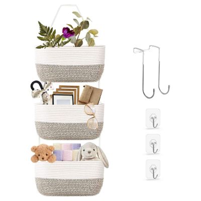 AIVIIN Over The Door Hanging Baskets, 3-Tier Wall Hanging Storage Basket, Woven Cotton Rope Hanging Organizer, Decorative Hanging Shelf Basket for Living Room, Bathroom,Bedroom and Kitchen(Brown)