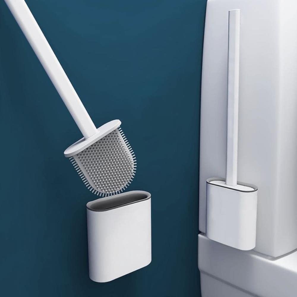 Silicone Toilet Brush, Punch Free Wall Hanging Silicone Toilet Brush, Premium Long Handle Silicone Toilet Brush with Holder Set, No-Slip Sturdy Cleaning Toilet Brush for Bathroom