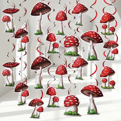 30 Pieces Birthday Party Decorations Mushroom Hanging Swirls Ceiling Streamers Mushroom Party Supplies Wonderland Foil Swirls Wall Decor for Baby Shower Favor