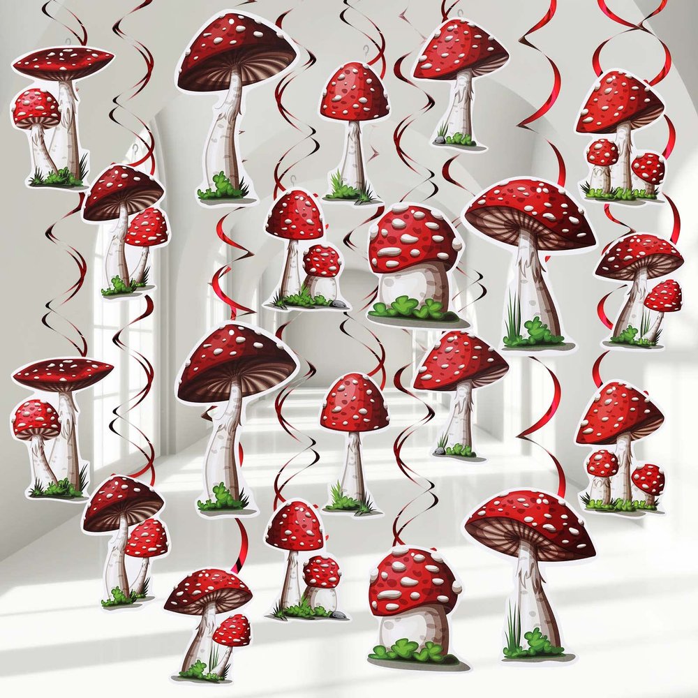 30 Pieces Birthday Party Decorations Mushroom Hanging Swirls Ceiling Streamers Mushroom Party Supplies Wonderland Foil Swirls Wall Decor for Baby Shower Favor