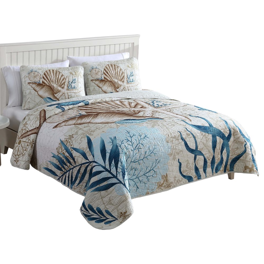 CARIBBEAN JOE Coastal 3-Piece Quilt Set, Full/Queen, Blue Sea Turtle
