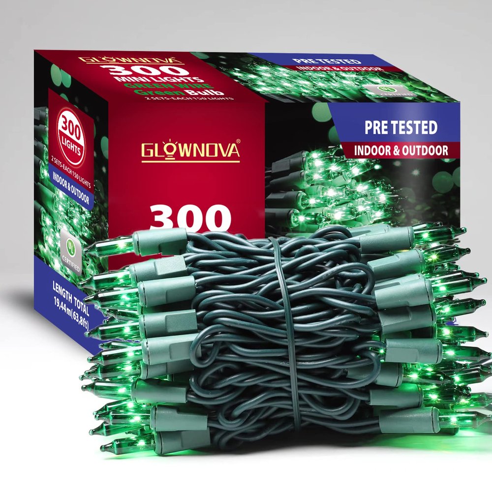 GLOWNOVA Green Wire,Green Incandescent Bulb 300 Mini String Lights for Indoor Christmas Tree Garland Birthday Wedding Party Festival Decoration