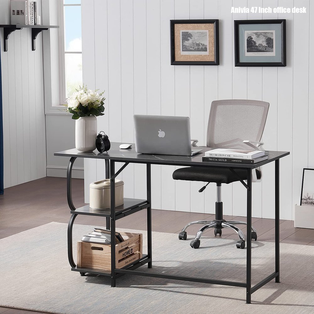 Anivia Gaming Computer Desk, Small Home Office Desk with 2 Storage Shelves, 47" Writing Desks Industrial Simple Style Wood Table Metal Frame for PC Laptop NotebookBlack (47-B)