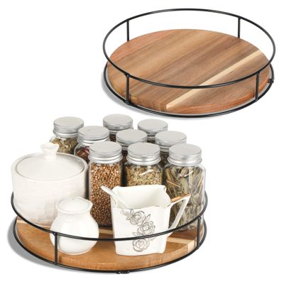 [ 2 Pack ] 10" & 11" Acacia Wood Lazy Susan Organizers with Steel Sides, Lazy Susan Turntable for Cabinet, Kitchen Turntable Storage for Table, Countertop, Pantry