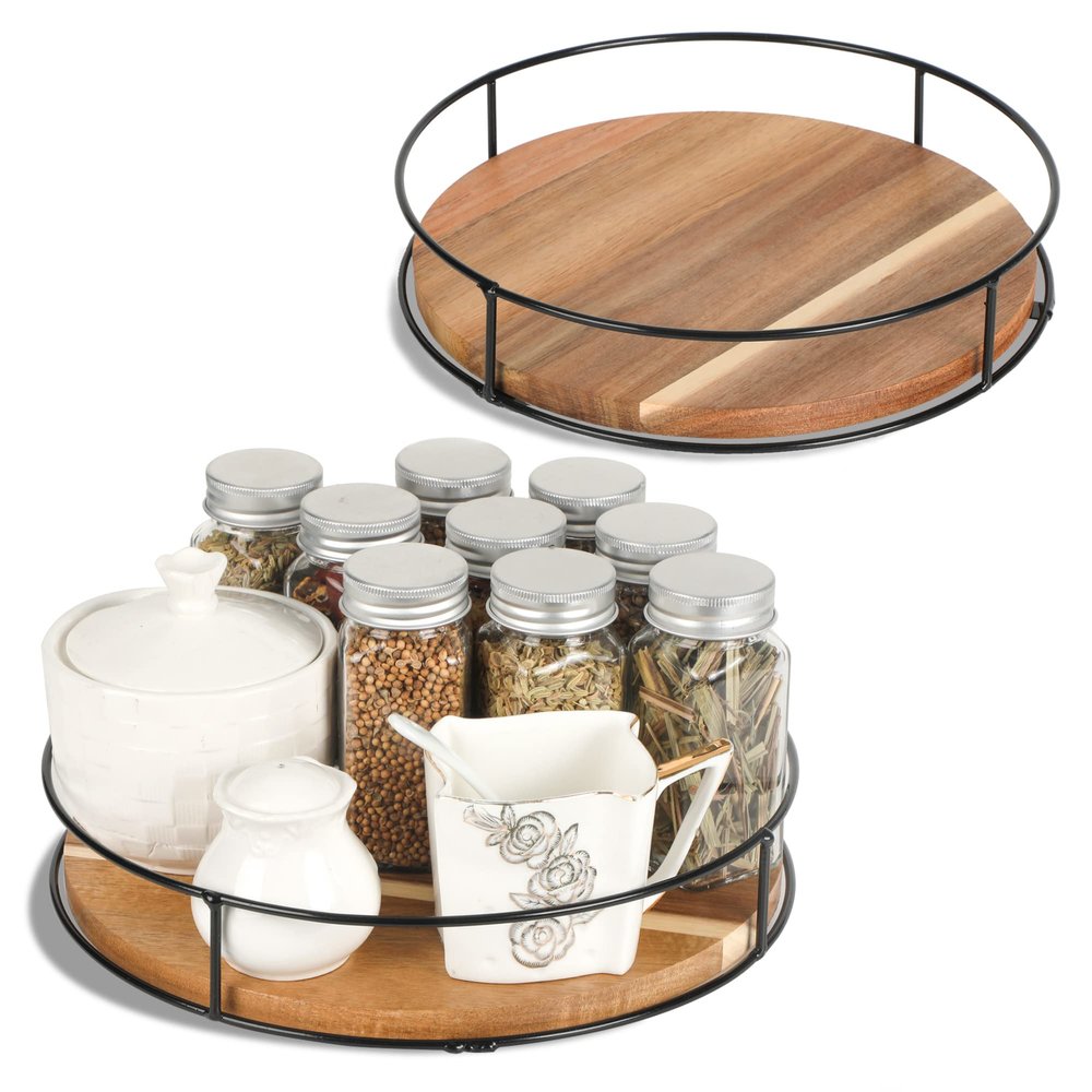 [ 2 Pack ] 10" & 11" Acacia Wood Lazy Susan Organizers with Steel Sides, Lazy Susan Turntable for Cabinet, Kitchen Turntable Storage for Table, Countertop, Pantry